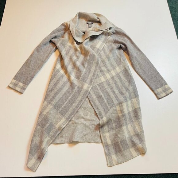 Neiman Marcus 100% Cashmere Plaid Heritage Tan Grey Sweater Shrug Cardigan Wrap - Picture 1 of 8